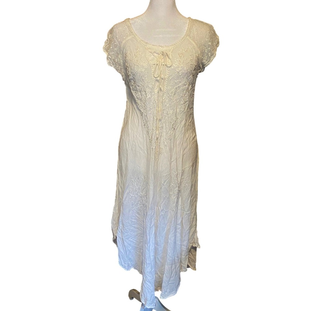 Vintage Embroidered Gauze Corset White Midi Dress Boho Peasant Festival Hippie